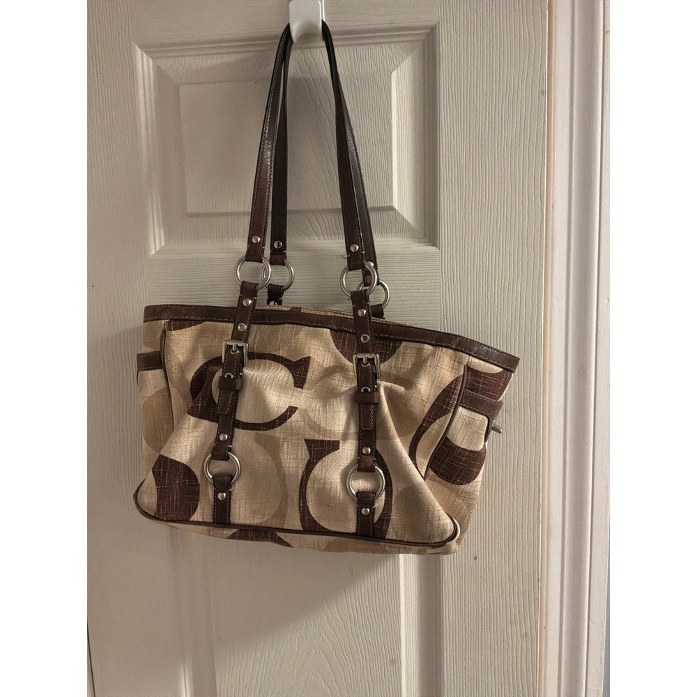 Coach Signature Tonal Canvas Tote Bag Medium Brown Tan Jacquard Leather Trim COA